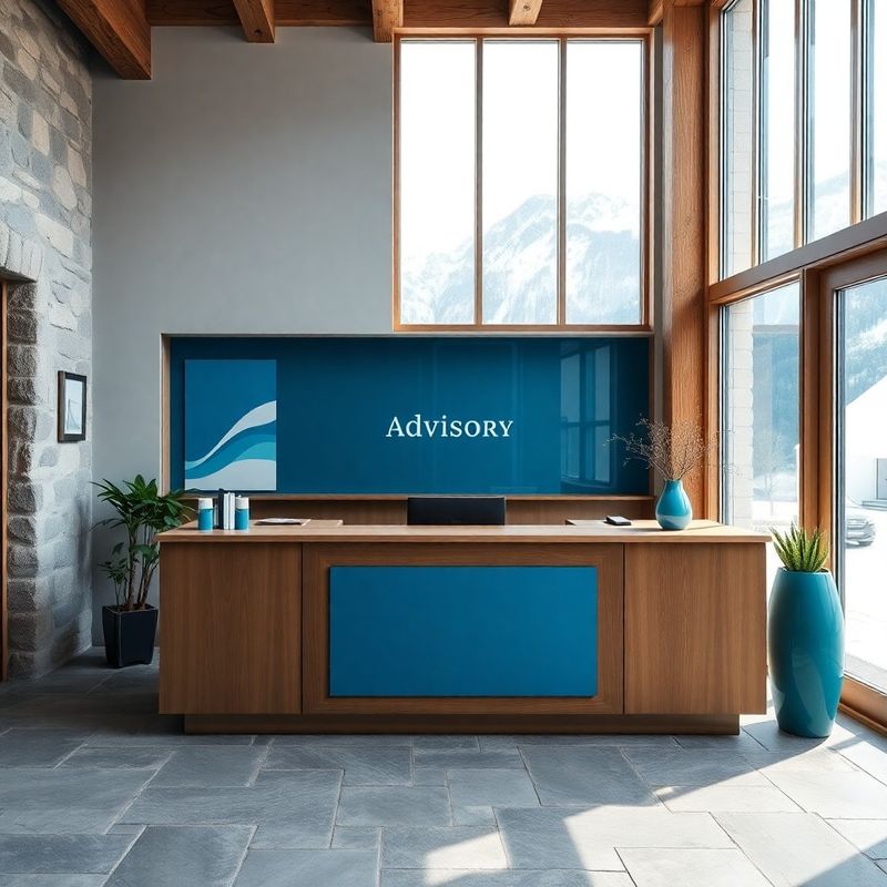 Tiha recepcija svetovalne pisarne z azurno modrimi elementi in alpsko svetlobo